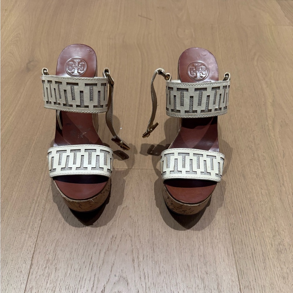 Tory Burch Cream Leather Cork Wedge Sandals